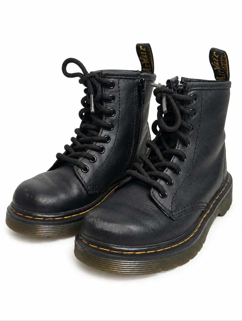 Dr. Martens Kids Black Leather Lace Up Zip Combat Boots Size 12